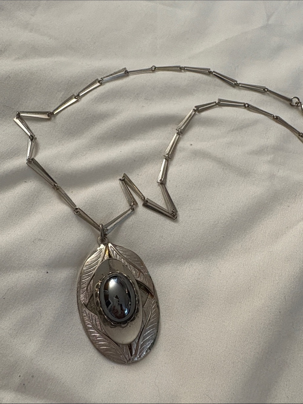 Silver Leaf Pendant Necklace with Hematite Cabochon